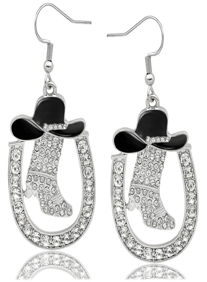 Fscwlmon Bling Cowgirl Boot Horseshoe Earrings for Women Cowgirl Cowboy Rhinestone Enamel Hat Western Dangle Earrings Rodeo Cowboy Accessory for Women Country Concert Outfits Jewelry Gift SH - Image 1
